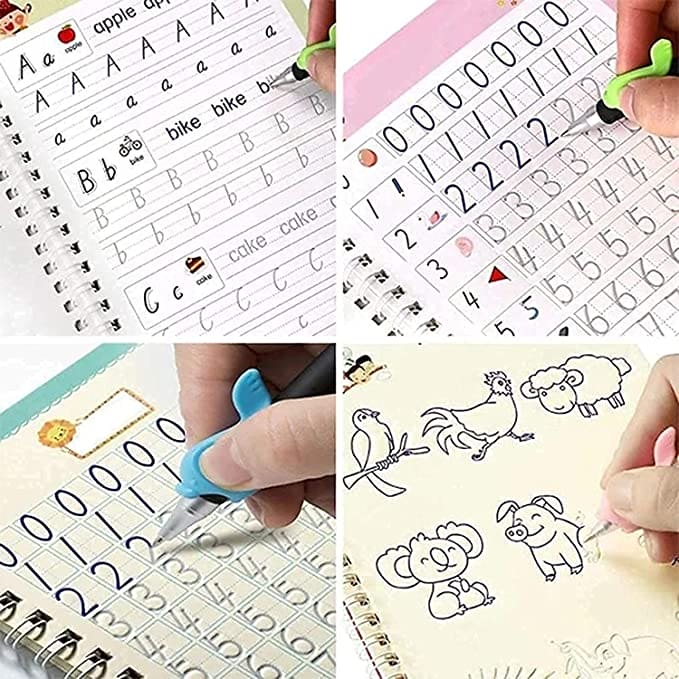 Set of 4 Child Learning Book, Writing Practice Copy Books, Magic Practice Copy Book For Kids, Handwriting Copy Book Set With Magic Pen, Children Reusable Workbook, Tracing Workbook with Pens Set of 4 Child Learning Book, Writing Practice Copy Books, Magic Practice Copy Book For Kids, Handwriting Copy Book Set With Magic Pen, Children Reusable Workbook, Tracing Workbook with Pens